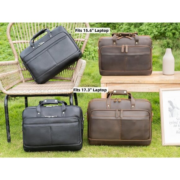 ⚡Men Deep Brown Fits 15.6 Inch Laptop Crossbody Bag Attached Leather Briefcase - Picture 7 of 9